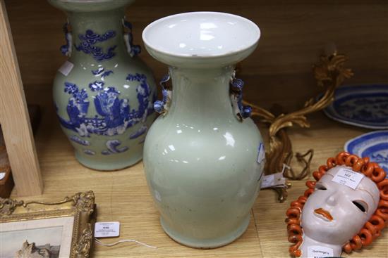 A pair of Chinese underglaze blue and white slip celadon glazed vases, H.35cm